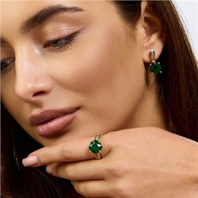 Комплект ювелирной бижутерии Итальянское золото (покрытие желтое 14к) серьги и кольцо 20 р, вставка: фианиты и цирконы, цвет: зеленый и прозрачный, арт.217.384-20