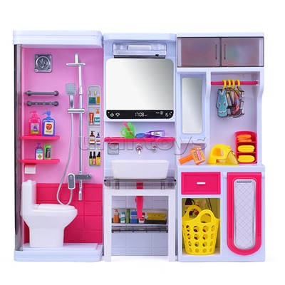 Набор мебели для кукол "Туалетная комната" (душ, унитаз, раковина, зеркало, гладильные принадл.) с аксессуарами, на батарейках, в коробке