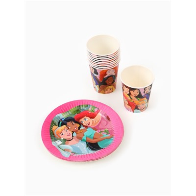 Посуда одноразовая бумажная на 10 персон: стаканы, тарелки, скатерть, Принцессы Дисней