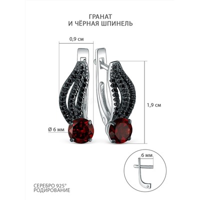 Серьги из серебра с гранатом и чёрной шпинелью родированные 925 пробы 2-533рч40416
