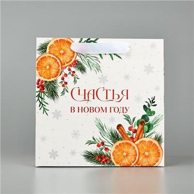 Пакет подарочный новогодний ламинированный квадратный «Счастья в Новом году», 22×22×11 см