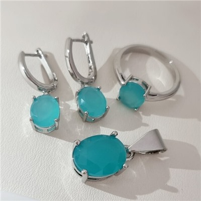 Комплект ювелирной бижутерии коллекция "Дубай" серьги, кулон и кольцо 17 р покрытие посеребрение, вставка: стекло, цвет: тиффани матовый, арт.215.631-17