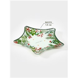 Блюдо новогоднее сервировочное Доляна «Еловые ветки», d=19.5 см, стекло, белое, зелёное