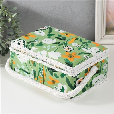 Шкатулка для рукоделия и шитья «Летние цветы на зелёном», хранение ниток, иголок, мелочи, 24×16×11 см