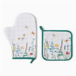 Набор кухонный «Этель. Полевые цветы»: варежка-прихватка 20×28 см, прихватка 19×19 см,100% хлопок