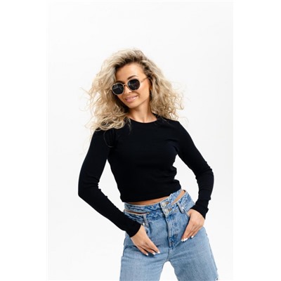 14411 футболка с дл.рукавом укороченная женская (Черный)
