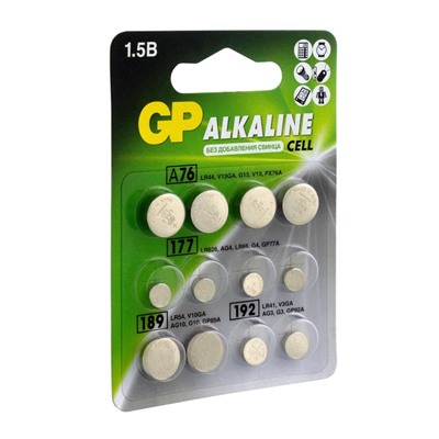 Батарейка алкалиновая GP, ACM02F-12BL (А76 по 4 шт; 164.186.189 192 по 2 шт.); 1.5 В, 12 шт.