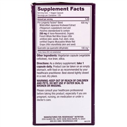 ReserveAge Nutrition, Ресвератрол с активным транс-ресвератролом, 250 мг, 120 растительных капсул