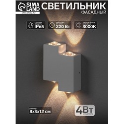 Светильник фасадный «Луч», 4 Вт, 3000К, 2 луча, IP65, 220 В, металлический корпус, белый, свечение тёплое белое