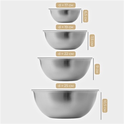 Миски-салатники Sphere, 950 мл, 1,55 л, 2,4 л, 3,4 л, с мерной шкалой, нержавеющая сталь, набор 4 шт, серебряные