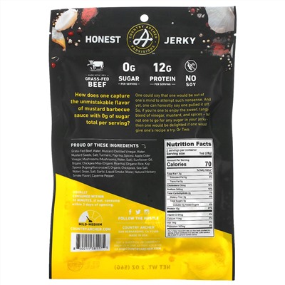 Country Archer Jerky, Grass-Fed Beef Jerky, Zero Sugar, Mustard BBQ,  2 oz (56 g)