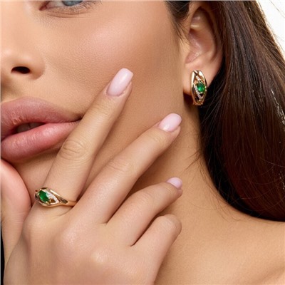 Комплект ювелирной бижутерии коллекция "Дубай" серьги и кольцо 17 р, покрытие позолота, вставка: фианиты и цирконы, цвет: зеленый и прозрачный, арт.215.679-17