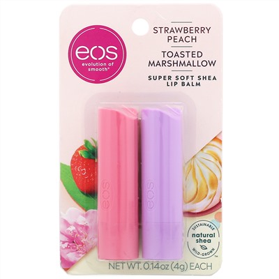 EOS, экстрасмягчающий бальзам для губ с маслом ши, клубника и персик, жареный зефир, 2 упаковки, 4 г (0,14 унции) каждый