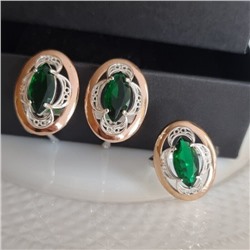 Комплект ювелирной бижутерии коллекция "Дубай",серьги и кольцо посеребрение с позолотой, вставка: камень зеленый, р-р 17, 09809, арт.216.379-17