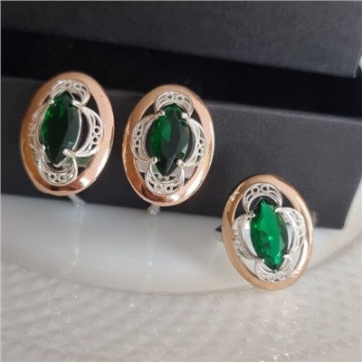 Комплект ювелирной бижутерии коллекция "Дубай",серьги и кольцо посеребрение с позолотой, вставка: камень зеленый, р-р 17, 09809, арт.216.379-17