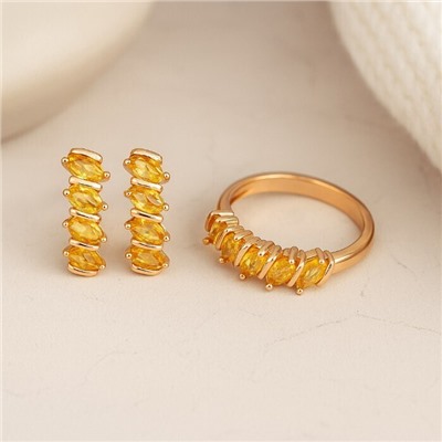 Комплект ювелирной бижутерии коллекция "Дубай" серьги и кольцо 20 р, покрытие позолота, вставка: фианиты, цвет: желтый, арт.414.227-20