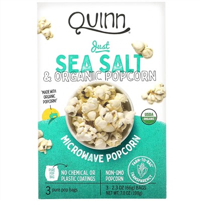 Quinn Popcorn, Попкорн для приготовления в микроволновой печи, с морской солью, 3 пакета, 66 г (2,3 унции) каждый