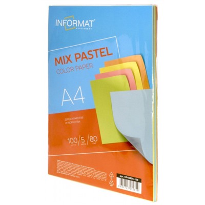 Бумага  А4 100л 80 г/м2 5 цв. MИКС пастель CP4080C-100 inФОРМАТ