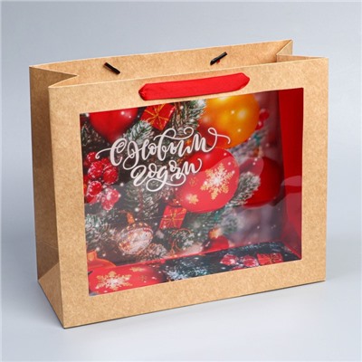 Пакет подарочный новогодний крафтовый с пластиковым окном «С Новым годом», 31×26×11 см