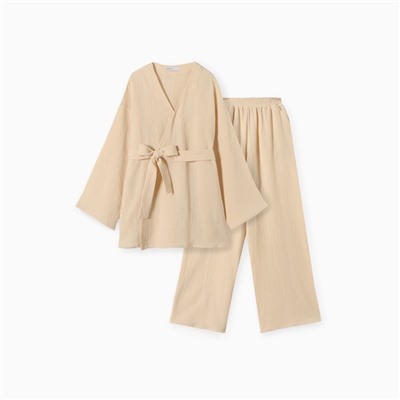 Комплект домашний женский (рубашка на запах, брюки) KAFTAN Basic, размер 48-50, молочный