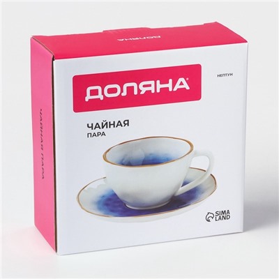 Чайная пара Доляна «Космос», чашка 250 мл, блюдце d=16 см, фарфор, белая, синяя