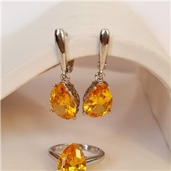 Комплект ювелирная бижутерия серьги и кольцо 19 р, покрытие: посеребрение, вставка: фианит, цвет: желтый, арт.313.076-19