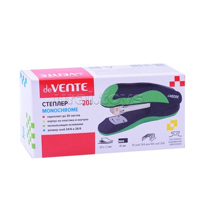 Степлер "MonoChrome" 24/6&26/6 (мощность 20 листов, глубина скрепления 45 мм) пластиковый с каучуковой вставкой, в картонной коробке, черный с неоновым зеленым