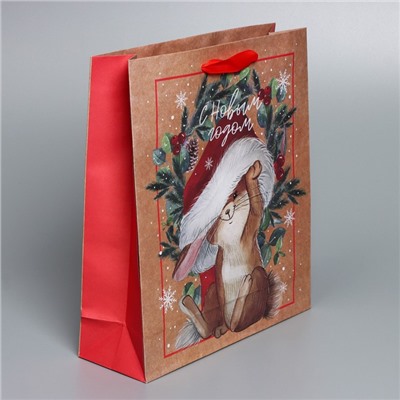 Пакет подарочный новогодний крафтовый «С Новым годом», M 26×30×9 см