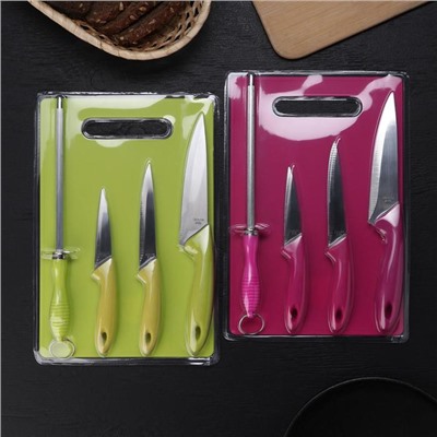 Набор кухонных принадлежностей, 5 предметов: ножи 9 см, 12 см, 15 см, мусат, доска, МИКС