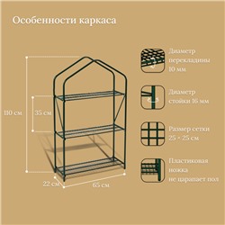 Стеллаж для рассады, 3 полки, 110 × 65 × 22 см, металлический каркас d = 16 мм, без чехла