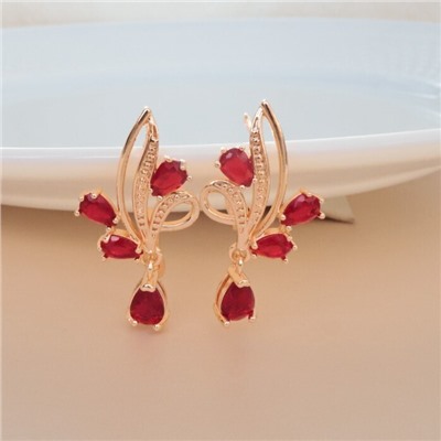 Серьги цветы ювелирная бижутерия коллекция "Дубай" позолота, вставка: фианиты, цвет: красный, арт.314.333