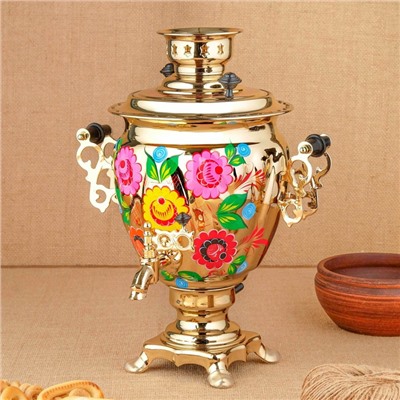 Набор посуды «Цветы на золотом», 3 предмета: самовар 3 л, заварочный чайник 0.7 л, поднос