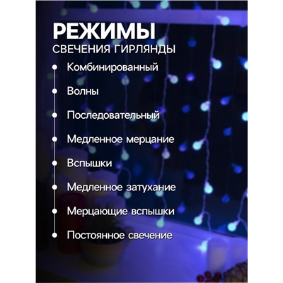 Гирлянда «Занавес» 2×1.5 м с насадками «Шарики», IP20, прозрачная нить, 360 LED, свечение синее, 8 режимов, 220 В