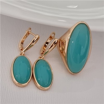 Комплект ювелирной бижутерии коллекция "Дубай" серьги и кольцо 19 р, покрытие позолота, вставка: пластик, цвет: тиффани, арт.313.459-19