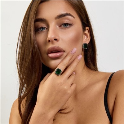 Комплект ювелирной бижутерии коллекция "Дубай" серьги и кольцо 17 р покрытие посеребрение, вставка: стекло и цирконы, цвет: зеленый и черный, арт.215.545-17