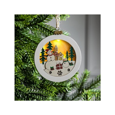 Ёлочная игрушка «Шар со снеговиками», 10.5×10.5×1.5 см, от батареек, свечение тёплое белое