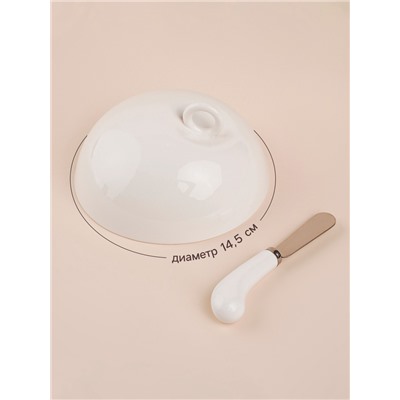 Маслёнка SL Home «Тренто», 22×17.5 см, на деревянной подставке, с ножом для масла, фарфор, белая