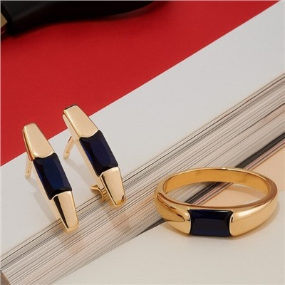 Комплект украшений ювелирная бижутерия Дубайское золото серьги и кольцо 17 р, покрытие позолота, вставка: фианит, цвет: синий, арт.215.233-17,5