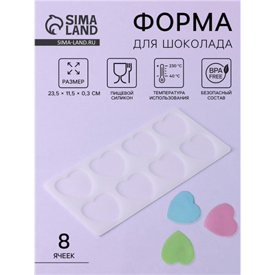 Форма для шоколада «Сердечки», силикон, 8 ячеек, 23.5×11.5×0.3 см, прозрачная