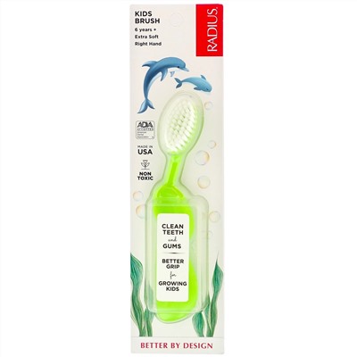 RADIUS, Kids Brush, зубная щетка для детей от 6 лет, сверхмягкая, для правшей, лаймово-зеленая, 1 шт.