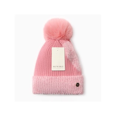 Шапка вязаная с помпоном женская MINAKU, розовая, размер 56-58