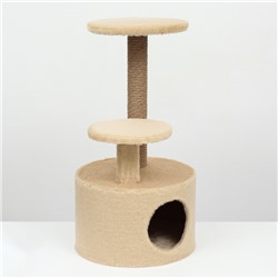 Комплекс для кошек с когтеточкой, с круглым домом, 2 полками, 42×42×90 см, бежевый