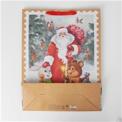 Пакет подарочный новогодний крафтовый «Дедушка мороз и зверята», L 31×40×11.5 см