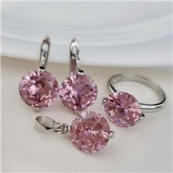 Комплект ювелирной бижутерии серьги, кулон и кольцо 19 р, покрытие посеребрение, вставка: фианит, цвет: розовый, арт.313.196-19