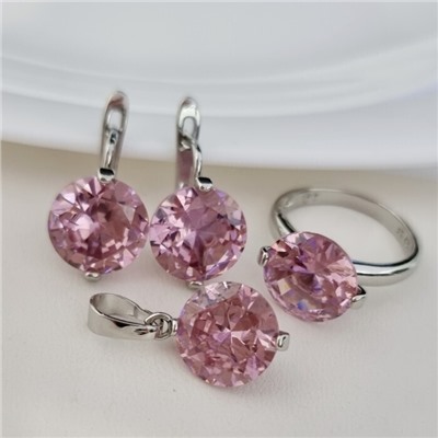 Комплект ювелирной бижутерии серьги, кулон и кольцо 20 р, покрытие посеребрение, вставка: фианит, цвет: розовый, арт.313.196-20