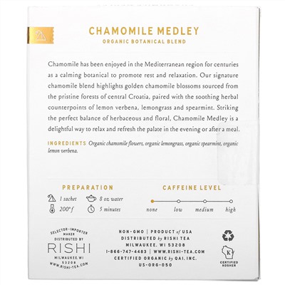 Rishi Tea, Organic Herbal Tea, Chamomile Medley, Caffeine-Free, 15 Sachets, 0.95 oz (27 g)
