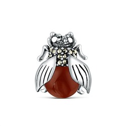 Брошь из чернёного серебра с красным агатом и марказитами - Жук GABR635ак
