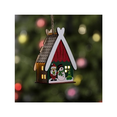 Ёлочная игрушка «Домик со снеговиком», 7.7×11×6 см, 1 LED, от батареек, свечение тёплое белое