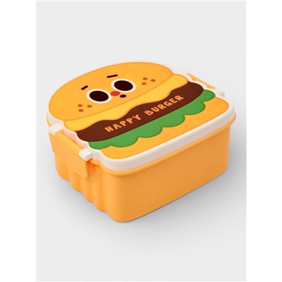 Ланч - бокс, контейнер для еды Доляна «Счастливый бургер», 3 ячейки, с ложкой и вилкой, 17.5×15.5×8 см, пластик, жёлтый