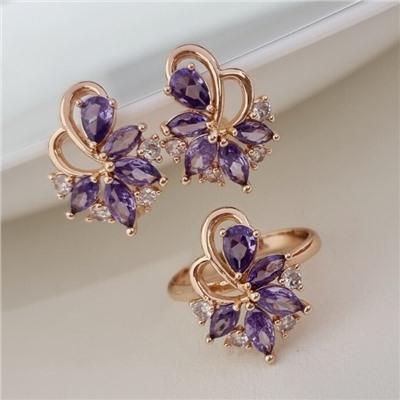 Комплект ювелирной бижутерии коллекция "Дубай" серьги и кольцо 18 р, покрытие позолота, вставка: фианиты, цвет: фиолетовый и прозрачный, арт.215.483-18